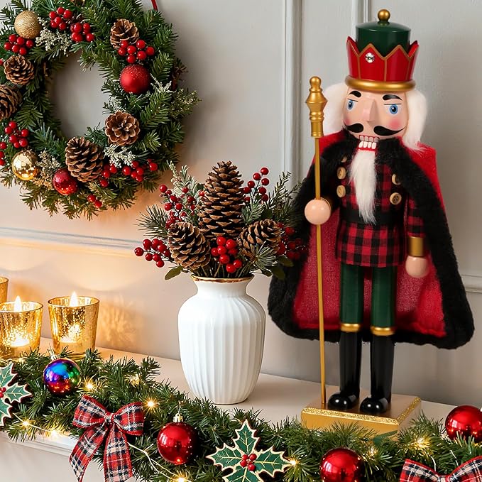 Nutcracker Christmas Decor, Wooden Nutcracker Soldier Christmas Decoration Home Mantle Table Fireplace Christmas Ornaments for Festival Party(14" RedBlack Fur Coat Staff Nutcracker)