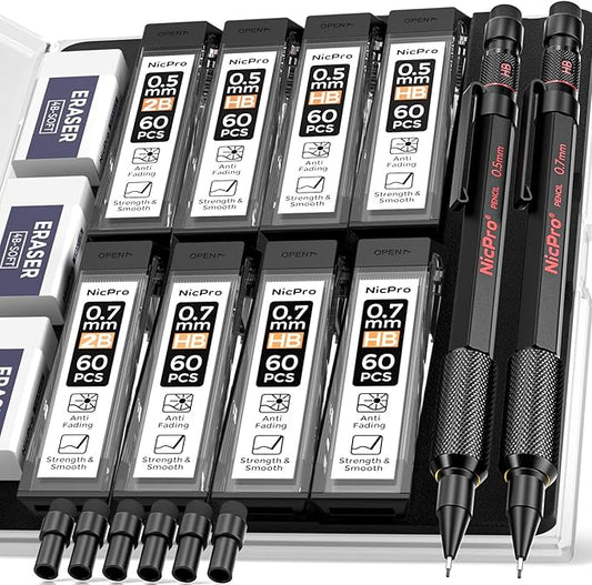 Nicpro 0.5 mm & 0.7 mm Mechanical Pencil Set with Case, MP2000 Metal Artist Mechanical Pencil With 6 Tube HB 2B Lead Refills, Eraser, Weatherproof Barrel for Outdoor Writing Drafting Sketching
