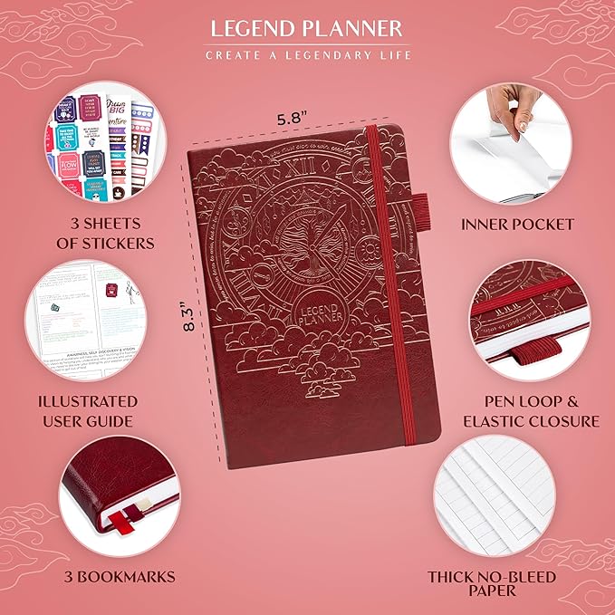 Legend Planner Hourly Schedule Edition – Deluxe Weekly & Daily Organizer with Time Slots. Time Management Appointment Book Journal for Work & Personal Life, Undated, A5 Hardcover – Wine Red, Gold Foil