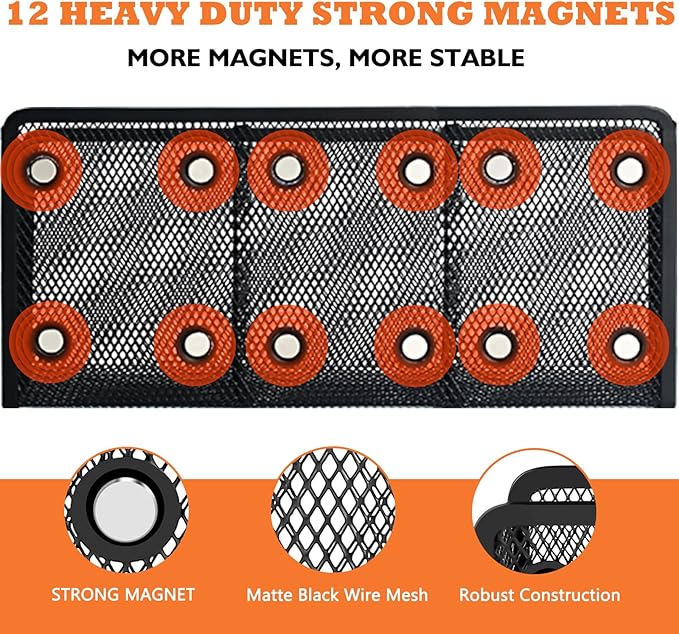 Magnetic Pencil Holder - Extra Strong Magnets Mesh Marker Holder Perfect for Whiteboard, Refrigerator and Locker Accessories (3 Baskets, 1 Pack Black)