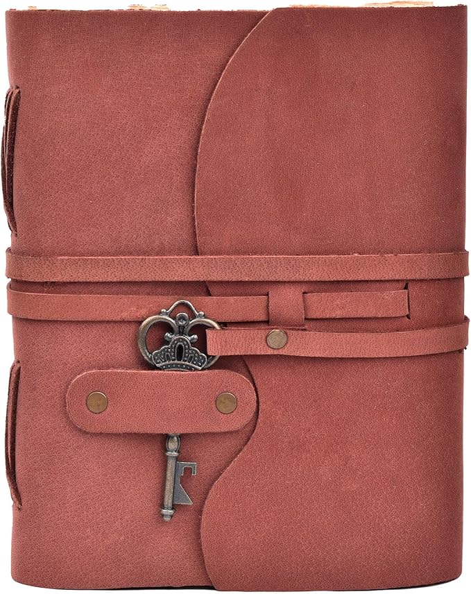 LEATHER VILLAGE Vintage Leather Journal – 200 Handmade Vintage Deckle Edge Paper – Leather bound Journal For Women Men – Vintage Key Closure - Book of Shadows - 10X7 inches - Fuchsia