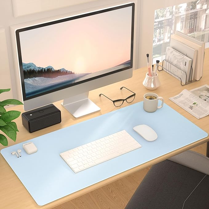 Mouse Pad Desk Protector Mat, Large PU Leather Office Desk Mat, Non-slip Desk Pad for Keyboard and Mouse, Waterproof Desk Blotter Pad for Writing, Wide & Smooth Laptop Desk Pads, Baby Blue (17’’X36’’)