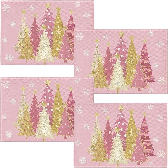 Christmas Placemats Flax Xmas Tree Snowflake Bright Table Mats Set of 4 Seasonal Winter Christmas Home Decor for Party Kitchen Dining Room, 12x18 Inch