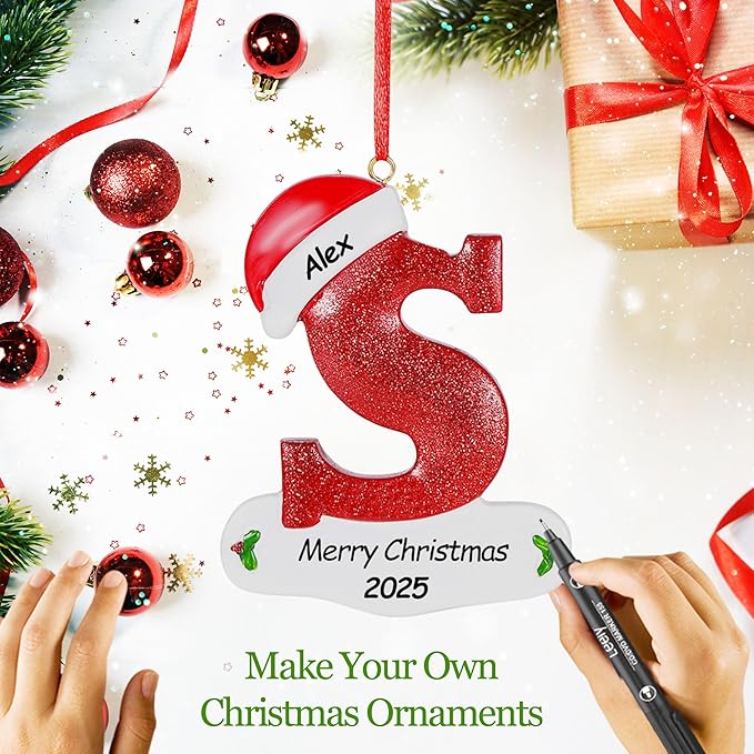 Personalized 26 Letters Ornaments for Christmas Tree 2025, Custom Christmas Ornament with Family Member's Names 3D Resin Xmas Hanging Pendant Original Gifts for Family Friends(S)