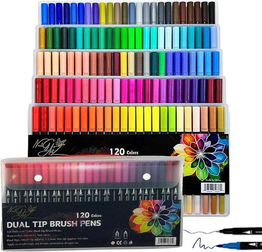 NextG Artz Dual Tip Brush Pens Art Markers, 120 Unique Bright Color, Fineliner & Brush Tip Art Pens for Art Lovers Coloring Drawing Book, Calligraphy Writing, Sketching and Doodling