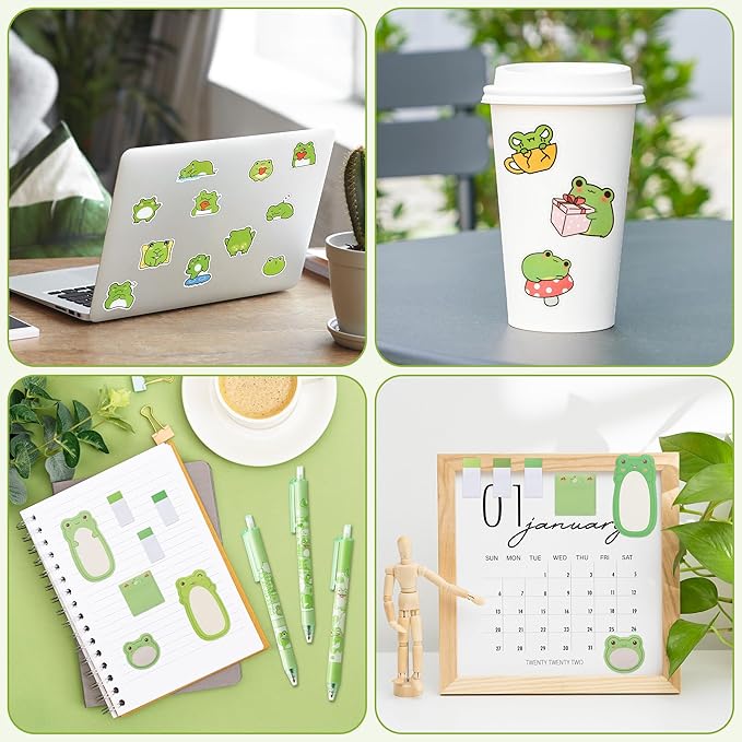 Xqumoi 57Pcs Frog Sticky Notes with Pen Stickers Stationery Set 0.5mm Black Gel Ballpoint Pens Frog Self-Stick Notes Pads Cartoon Frog Vinyl Stickers Back to School Office Supplies Party Favor Gift