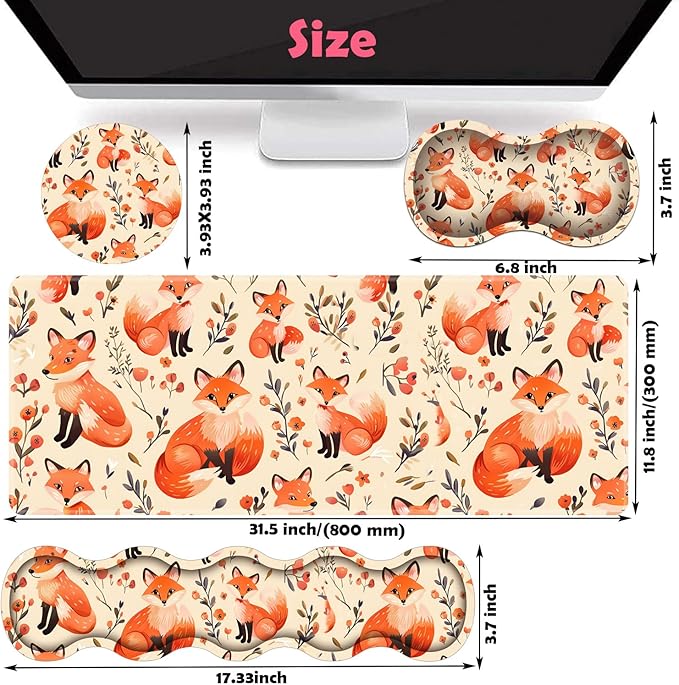 Large XXL Gaming Desk Mat 31.5"x 11.8", Ergonomic Keyboard Wrist Rest & Mouse Pad Wrist Rest + Coaster Set, Non-Slip Base, Memory Foam, Office and Home, Little Fox