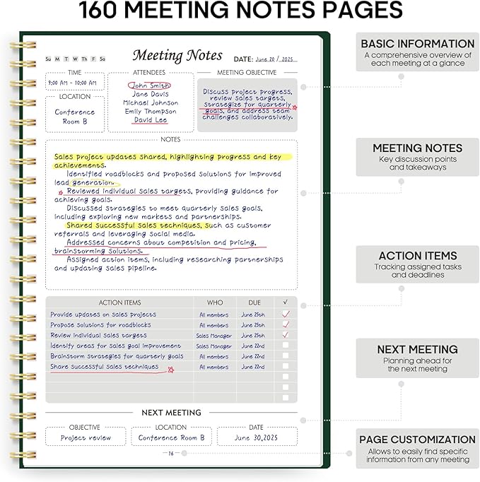 Meeting Notebook for Work Organization - Work Planner Notebook with Action Items, Agenda Planner for Note Taking, 160 Pages (6.9" X 9.9") Project Organizer for Men & Women - Dark Green