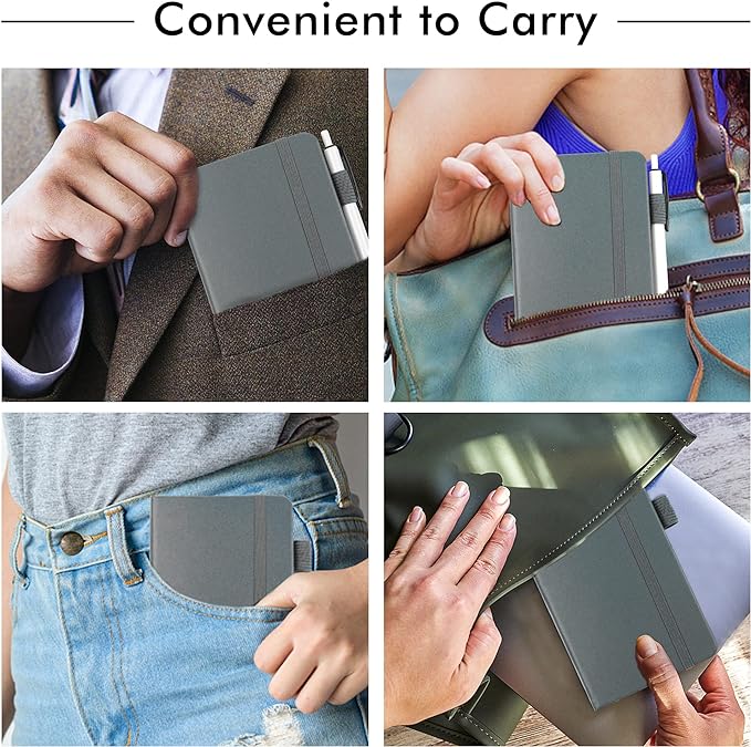 feela 6 Pack Pocket Mini Notebooks Bulk, Small Cute Memo Notepads Hardcover College Ruled Lined Journals with Pen Holder for School Business Work, with 6 Black Pens, 3.5”x 5.5”, A6, Gray
