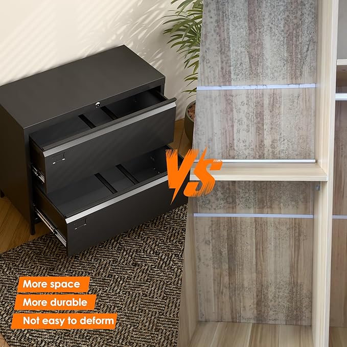 Metal Lateral File Cabinet with 2 Drawer,Metal Filing Cabinets with Lock for Home Office A4 and Letter Size Files, Printer Stand, Assemble Required,Black