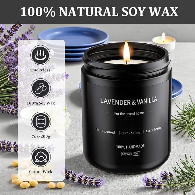 Lavender & Vanilla Candle 7oz, Scented Candles for Men, Long Lasting Soy Candles for Home Scented, Black Mens Candle Gift for Birthday, Annivery, Christmas