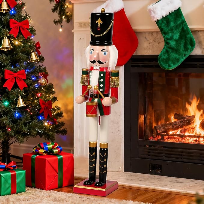 Nutcracker Christmas Decor, 18" Wooden Nutcracker Soldier Christmas Decoration Home Mantle Table Fireplace Christmas Ornaments for Festival Party(18" Hat Drum Nutcracker)