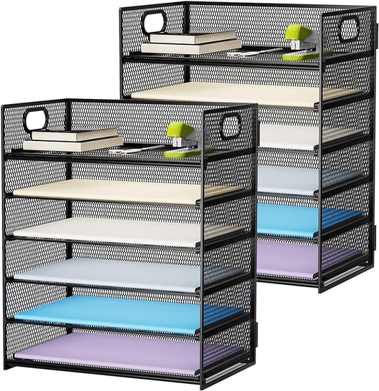 Marbrasse 2 Pack Desk Organizer with Handle, 6 Tier Paper Letter Tray, Mesh File Organizer for Office, School and Home