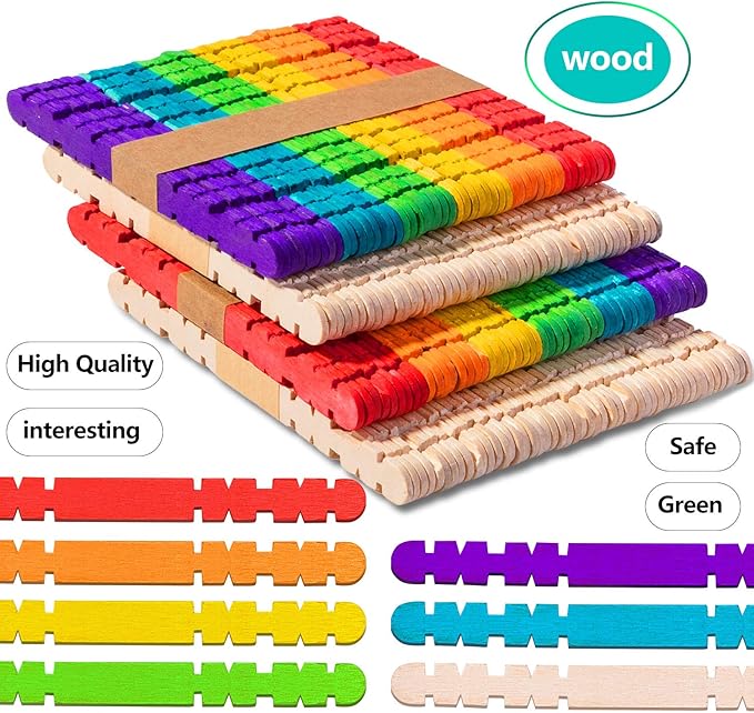 Colorful Wooden Craft Sticks, 200Pcs Popsicle Sticks for Crafts, Natural Jumbo Sawtooth Wooden Stick for DIY Craft, Kids Education Supplies
