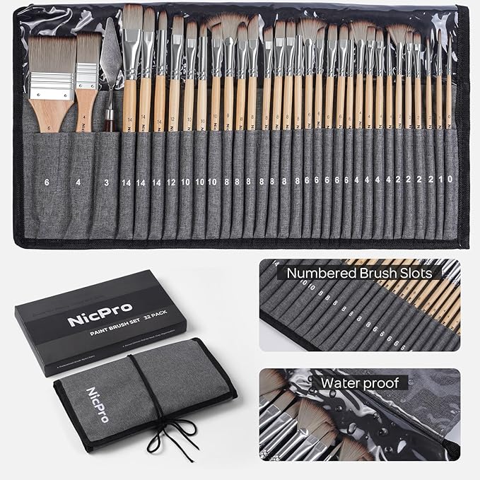 Nicpro 32pcs Paint Brush Set, Professional Paintbrushes with Paint Spatula and Cloth Roll, Craft Paint Brushes for Acrylic Painting, Oil, Watercolor, Gouache, Art Supplies for Artists Beginners