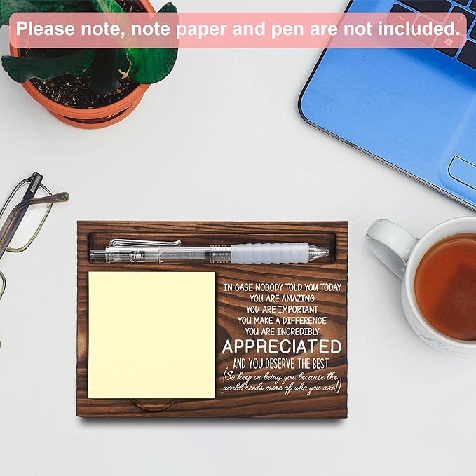 Appreciation Gifts, Inspirational Gifts, Thank You Gifts for Coworker, Sticky Note Holder, Post-it Note Dispenser for Desk, Wooden Post-it Note & Pen Holder 6.5" x 4.7" - FTA118