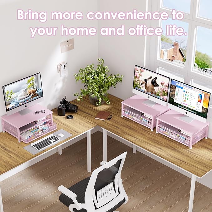 OPNICE Computer Monitor Stand Riser, Desk Organizers and Accessories with Drawer, Laptop Stand, Office Desk Accessories & Workspace Desktop Organizers Storage for Office Supplies(Pink)