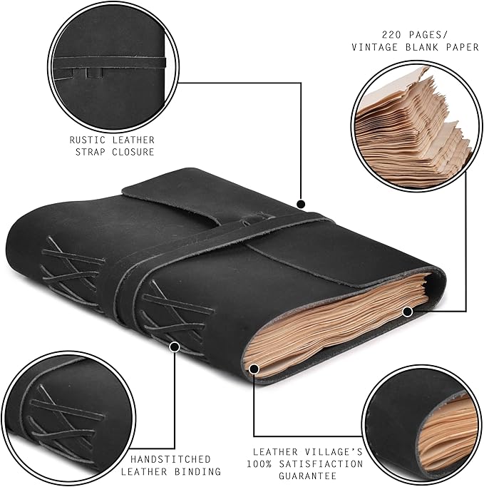 LEATHER VILLAGE Leather Bound Journal - Black, 8"X6", 220 Pages - Vintage Blank Paper Diary for Writing, Drawing, Sketchbook, and Travel Notebook - Ideal for Women and Men