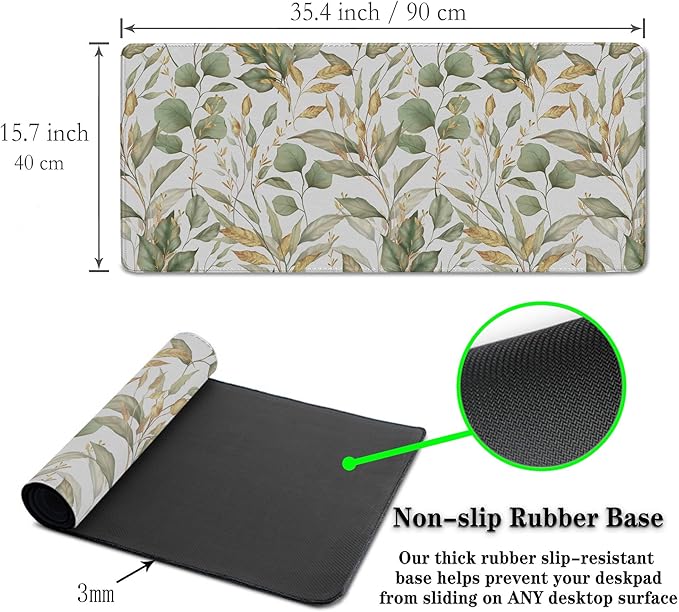 Large Mousepad Green Gold Leaf, Gaming Mousepads Keyboard Mats, Computer Gaming Mouse Pad Non-Slip Rubber Base Waterproof with Stitched Edges, 35.4 X 15.7 inch for Work/Game/Office/Home