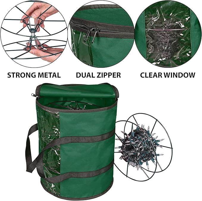 ProPik Christmas Light storage Bag | Holiday Light Storage Organizer with 3 Metal Reels for Tree Lights & Extension Cords Constructed of Durable 600D Oxford Material with Clear PVC Window (Green)