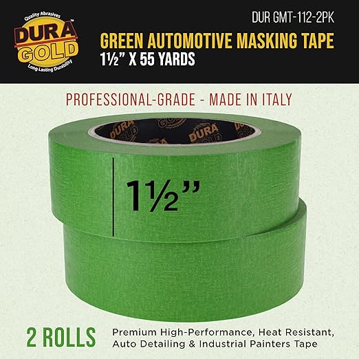 Dura-Gold Green Automotive Masking Tape 1-1/2 Inch (1.41 Inch x 55 Yards), 2 Rolls - Premium High-Performance, Heat Resistant - Auto Refinish Painting, Car Detailing, Autobody Industrial Painters Tape