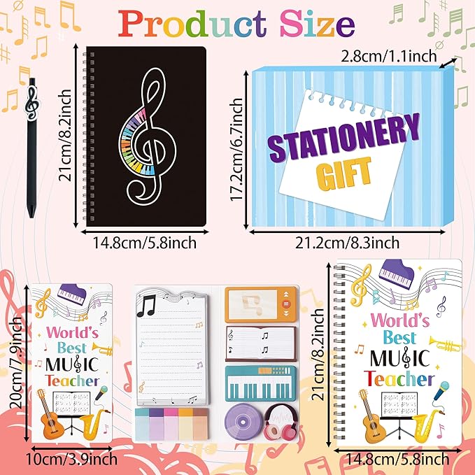 B1ykin Stationery Gift Set - 3Pcs Notebook Sticky Notes, A5 Spiral Notebooks & 550 Sheets Cute Sticky Notes with Pens Kit for Office School Teacher Thanksgiving Supplies (Music Teacher)