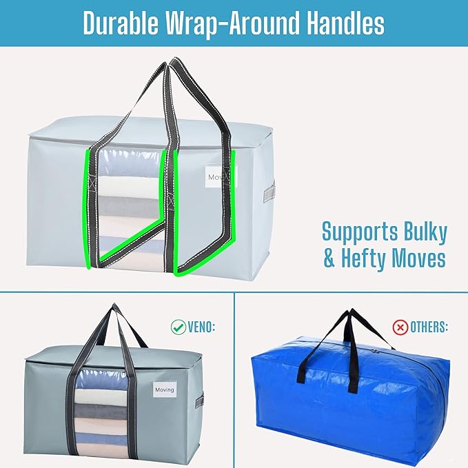 VENO 4 Pack Moving Bags, Moving Supplies, Moving Boxes, College Packing Storage Boxes with Lids Alternative, Heavy Duty Totes, Extra Large, Sturdy Handles, Zipper (Light Blue with Window, 4 Pack)