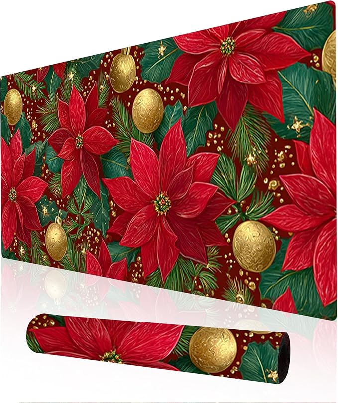 Nuxovilar Professional Large Mouse Pad & Computer Game Mouse Mat (35.4x15.7IN, Christmas Poinsettia & Gold Ornaments) (90 * 40cm Christmas Theme)