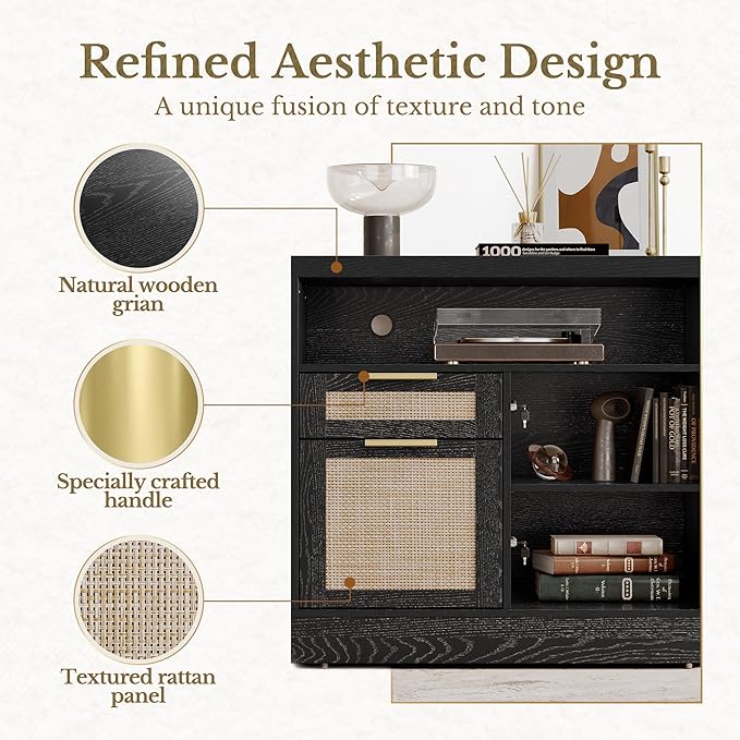 2 Drawer File Cabinet with Lock, 63'' Wood Lateral File Cabinet, Compatible Letter and A4 Size, Rattan Filing Cabinet for Home Office with AC/USB, Adjustable Storage Shelves, Black