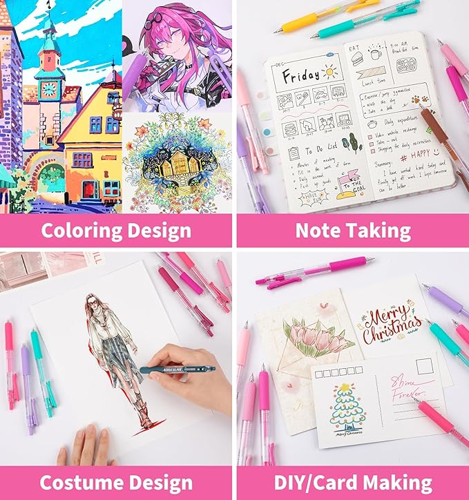 Gel Pens For Coloring, 24 Colors Retractable Colored Pens for Black Paper & White Paper, 0.7mm Fine Point Colorful Pens for Coloring, Writing, Drawing, Journaling, Note Taking, School, Office, Home