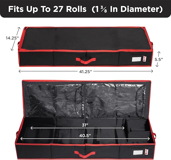 Premium Wrapping Paper Storage Container -Durable Material 600D tear-proof - Fits up to 27 Paper Rolls -Extra Pockets for Ribbons & Bows. Underbed Gift Wrap Organizer, Ideal for Holiday Christmas, etc (Black)