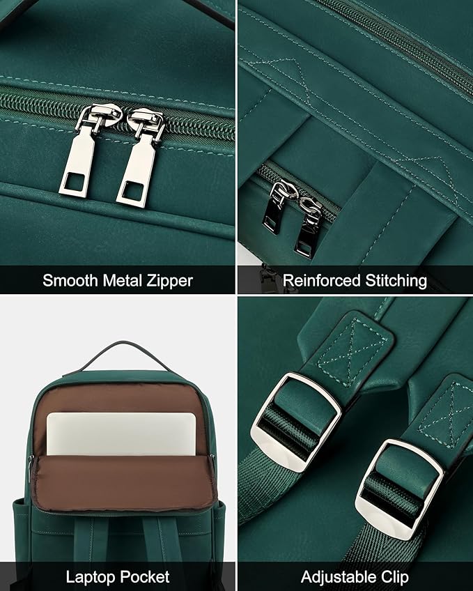 MASINTOR 15.6 inch PU Leather Laptop Backpack Purse for Women, Large College Casual Backpack Travel Bag Retro Green