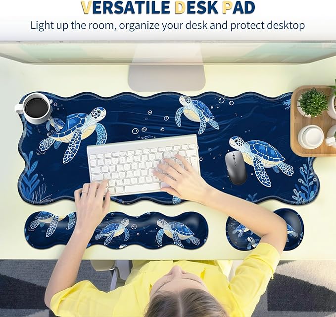 4-Piece XXL Gaming Mouse Pad Set (31.5"x11.8") with Keyboard Wrist Rest,Mouse Wrist Support & Coaster,Ergonomic Non-Slip Desk Mat for Office & Home,Blue Sea Turtle