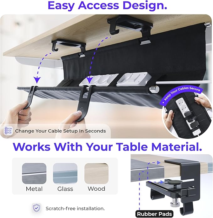 Ascrono Original No Drill Under Desk Cable Management Tray 40.6" - Premium Black Fabric Cable Management Under Desk - Clamp/Screw Mount Cord Organizer - Supports Upto 66lbs - Large