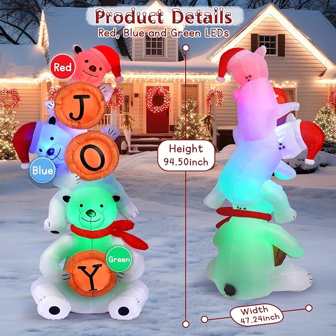 Outdoor Christmas Inflatable Decorations,8FT Christmas Inflatables Polar Bear, Outdoor Christmas Decorations with Built-in Flashing LED Lights, Blow Up Yard Decor for Lawn Garden Xmas Party