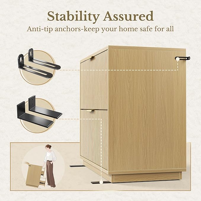 2 Drawer Fluted File Cabinet, 32'' Lateral File Cabinet for Legal/Letter/A4/F4 Size Hanging Files, Wood File Storage for Home Office, Light Walnut