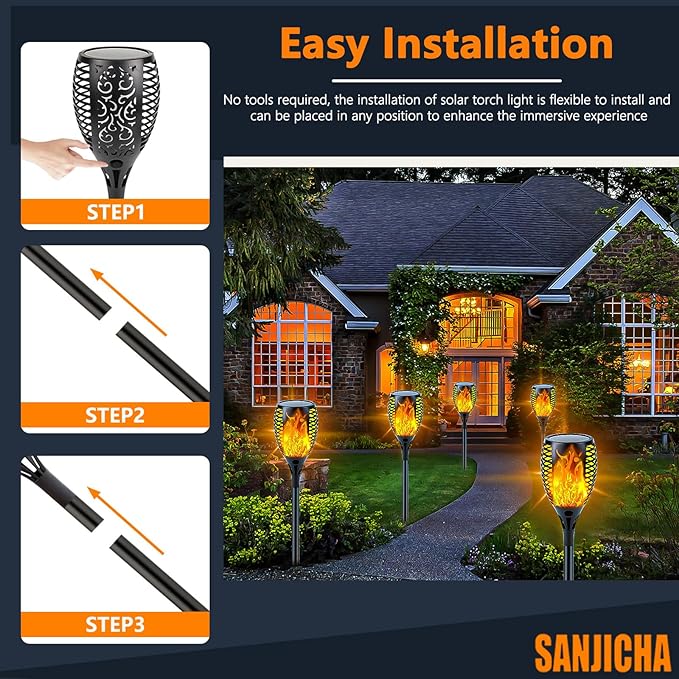 SANJICHA 4 Pack Super Larger Size Solar Flame Torch Extra Bright Tiki Lights Christmas Outdoor Decorative with Flickering Flame, Solar Christmas Outdoor Lights Waterproof Lamps for Outdoor use Garden