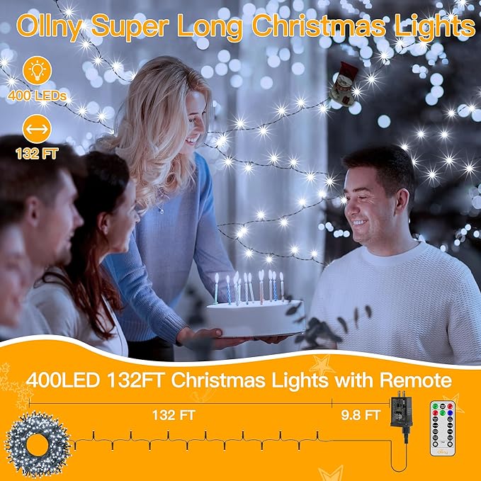 Ollny Christmas Tree Lights 400LED 132FT, Remote Plug-in Christmas Lights with Timer and 8 Modes Waterproof Outdoor String Lights for Thanksgiving Xmas House Indoor Outside Decorations (Cool White)