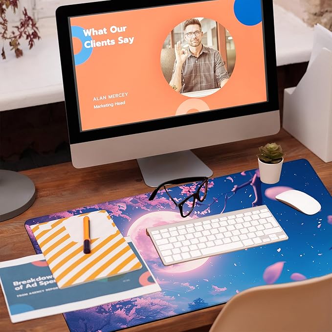 Large Gaming Mouse Pad for Desk, Falling Cherry Blossoms Desk Mat, Bright Full Moon Desk Pad, 31.5"x15.7" Extended Big Computer Keyboard Mouse Pad with Non-Slip Base and Stitched Edge