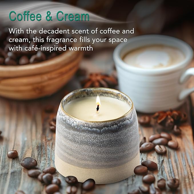 Hyggelight - The Growing Candle, Coffee Scented, 10oz Ceramic Pot, Aromatherapy Candles, 100% Soy, Cream and Espresso Aroma for Home, Greta