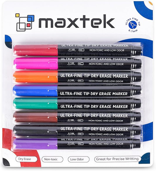 maxtek Dry Erase Markers Ultra Fine Tip, Assorted Colors, Low Odor, School Supplies Classroom Take Note Dry Erase Markers, 8 Counts