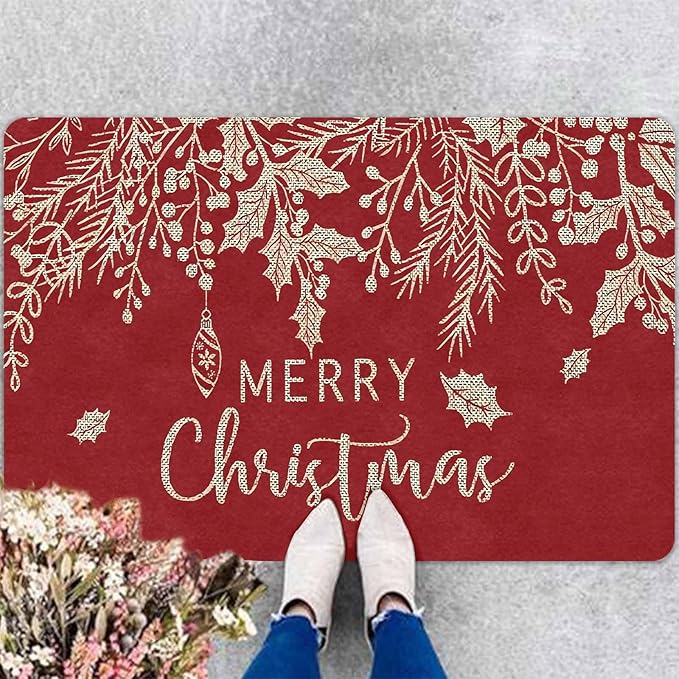 Merry Christmas Mistletoe and Holly Door Mat Front Porch Rugs Doormats Welcome Floor Mats Welcome Rug Outdoor Entry Rug for Home Farmhouse Party Decor, 16" x 24" Inch
