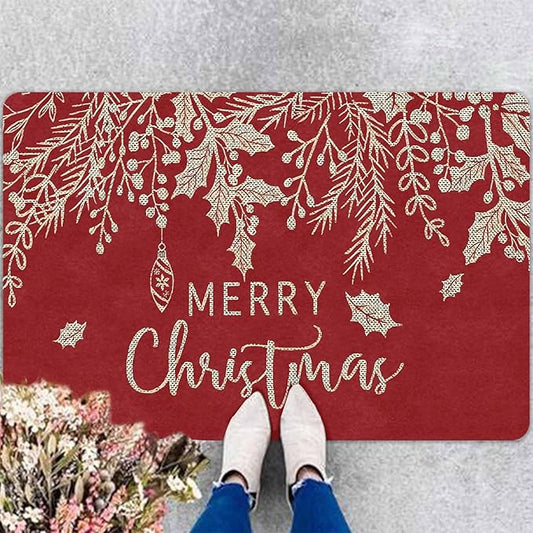 Merry Christmas Mistletoe and Holly Door Mat Front Porch Rugs Doormats Welcome Floor Mats Welcome Rug Outdoor Entry Rug for Home Farmhouse Party Decor, 16" x 24" Inch