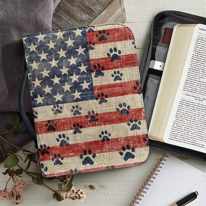 Lotusorchid American Flag Paw Bible Covers for Women Men PU Leather Bible Case Bible Bag Tote Book Carrying Case Christian Bible Accessories