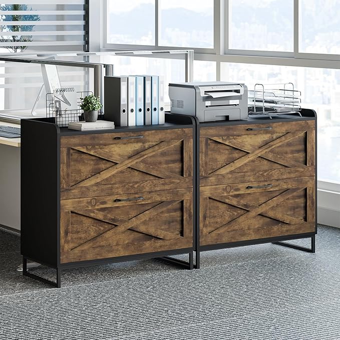 Lateral File Cabinet 2 Drawers File Cabinet with Charging Station, Modern Farmhouse Large Wood Home Office Furniture, Rustic Brown and Black