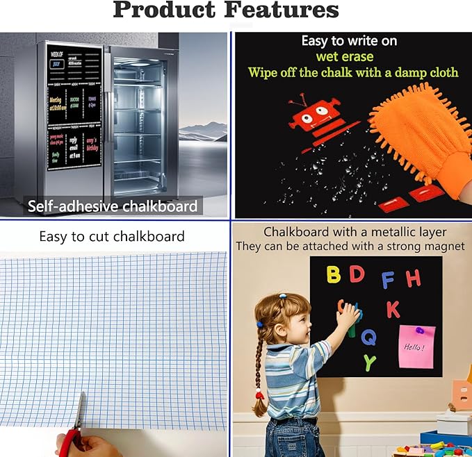 Magnetic Chalkboard Contact Paper 16.2" x 24" Self Adhesive Wall Board Sticker with Liquid Chalk for Kids Black Chalk Board Wallpaper Roll Alternative Magnetic Blackboard Paint