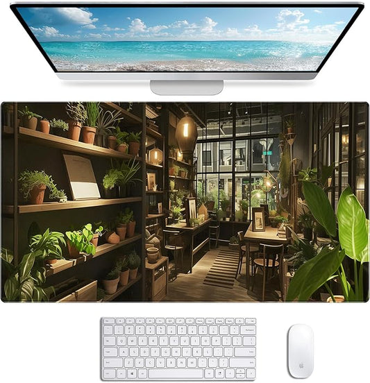 Lndoor Green Plant Expansion Desk Mat, Flower Plant Large Gaming Mouse Mat XXL Laptop Mouse Keyboard Mat 35.4 x 15.7-Inch Office Desk Decoration