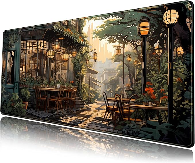 Nostalgic Peaceful Coffee Shop Desk Mat Retro Art Large Gaming Mouse Pad Anime Mousepad Extended XL Green Plants Aesthetic Desk Pad Laptop Keyboard Mouse Mat 31.5"x11.8" Cute Decor