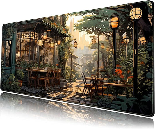 Nostalgic Peaceful Coffee Shop Desk Mat Retro Art Large Gaming Mouse Pad Anime Mousepad Extended XL Green Plants Aesthetic Desk Pad Laptop Keyboard Mouse Mat 31.5"x11.8" Cute Decor