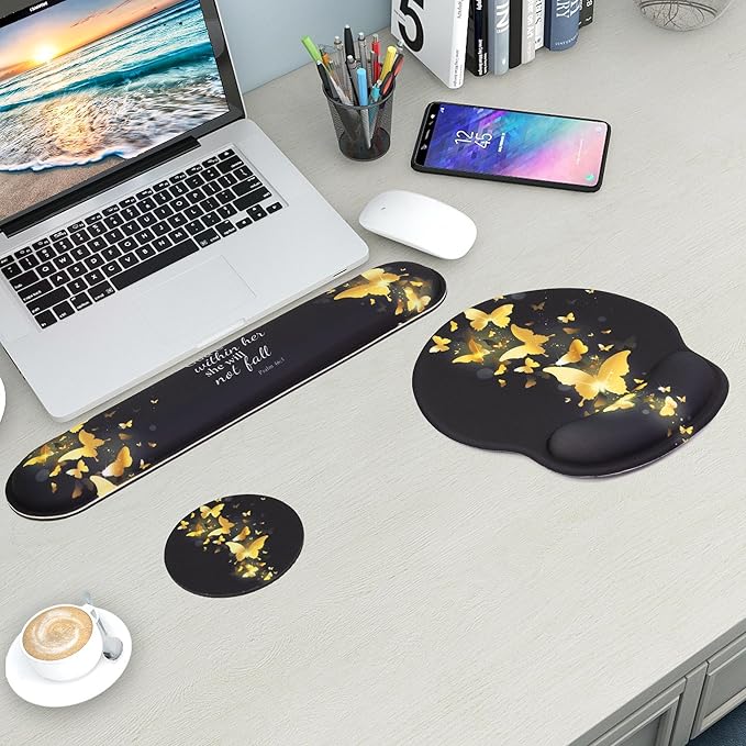 Mouse Pad and Keyboard Wrist Rest Support, with Non-Slip PU Base,Gel Mouse Pad with Coaster,Pain Relief for Gaming, Computer,Office -Golden Butterflies